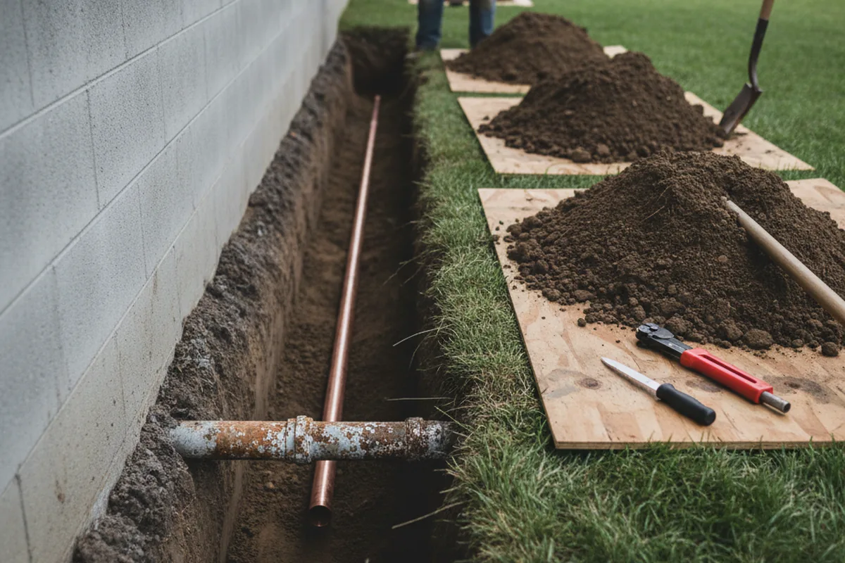 Excavated water line trench during Sewer Line Repair in Buttonwillow